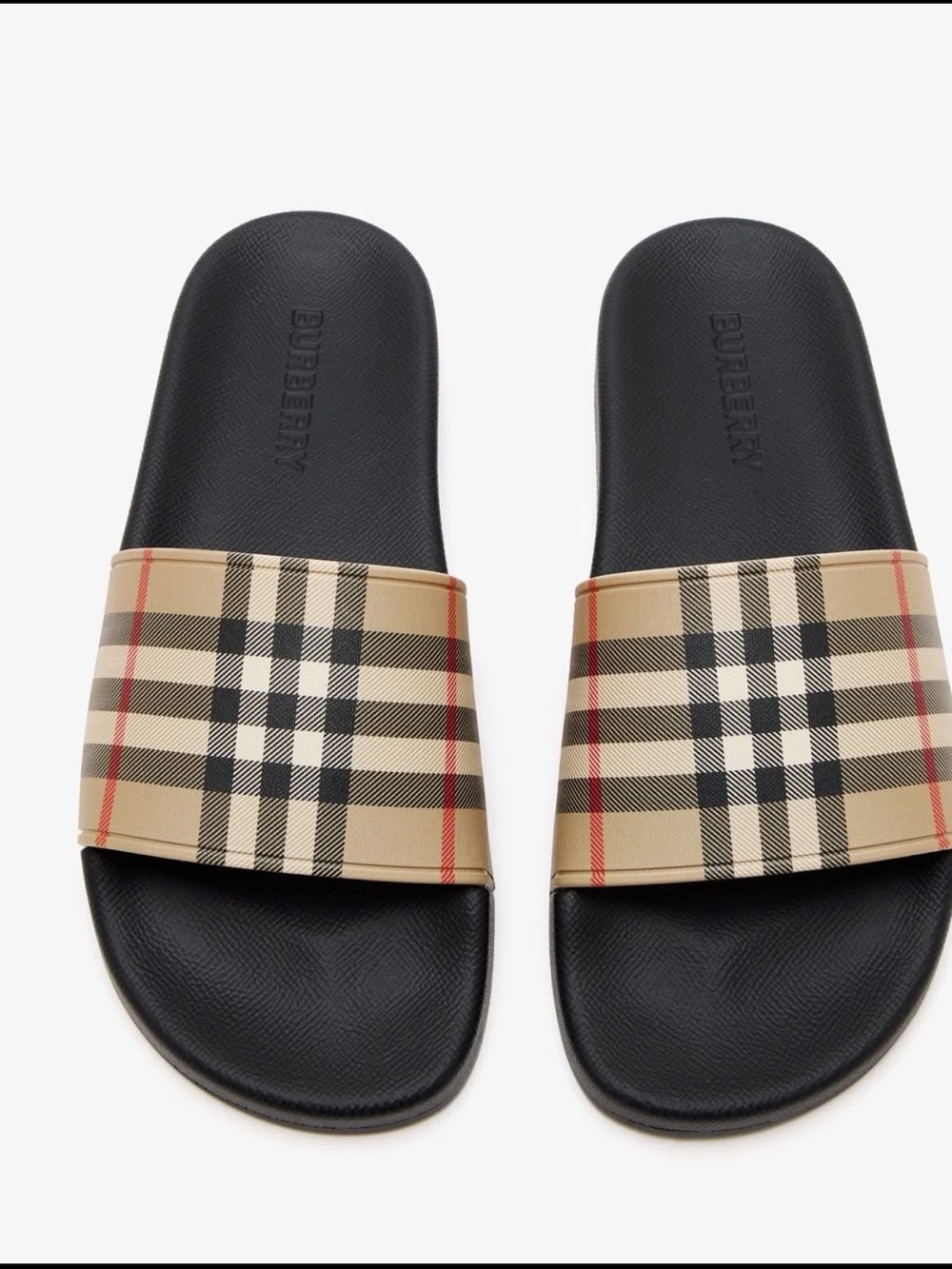 Luxury Men’s Black Footbed Slide Sandals with Beige Vintage Check Strap